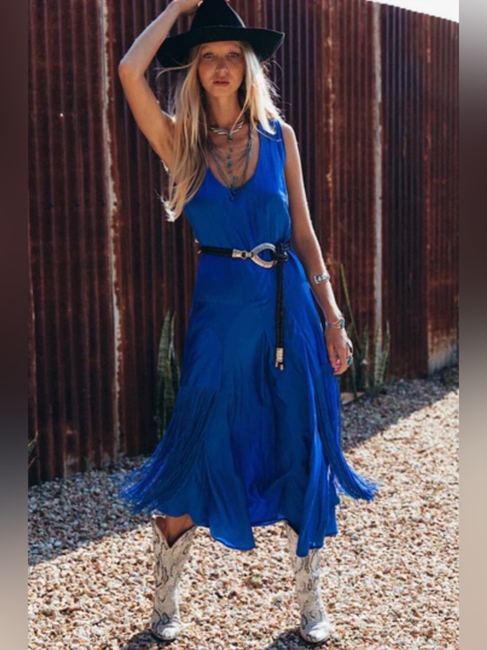 Chasing Unicorns Dresses & Skirts - Chasing Unicorns Another Star Silk Fringe Dress NWT XS Dark Sapphire